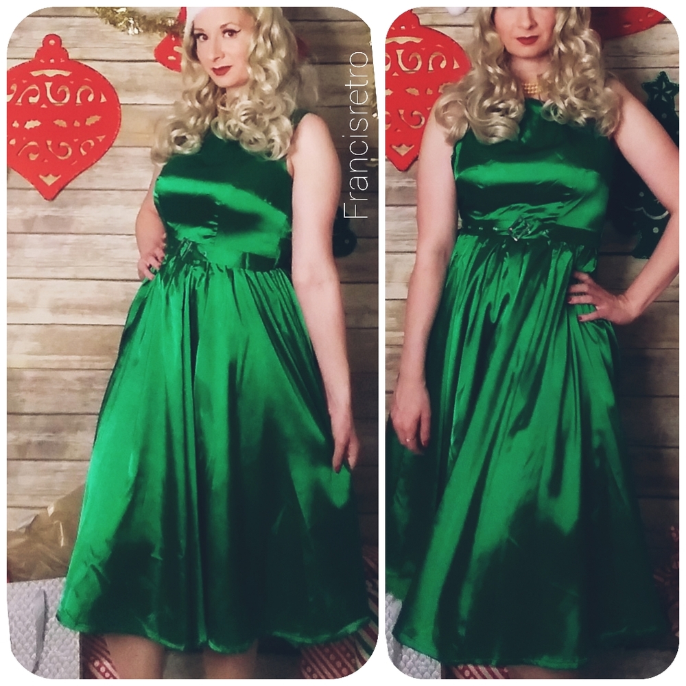 Retro Vintage Shiny Green Swing Full Skirt Dress